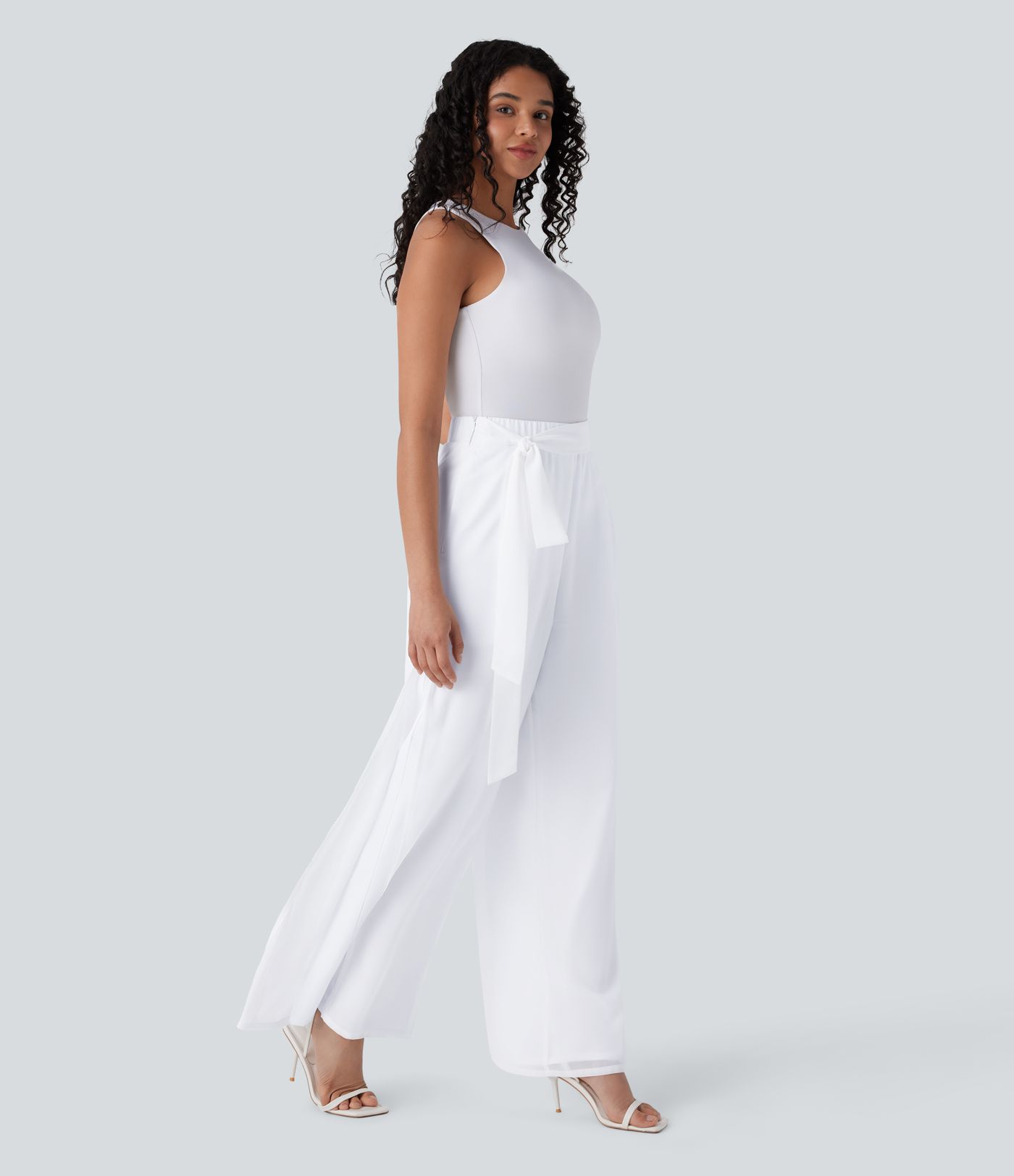 Breezeful™ High Waisted Tie Front Invisible Zipper Side Pocket Straight Leg Sheer Chiffon Flowy Quick Dry Work Trousers