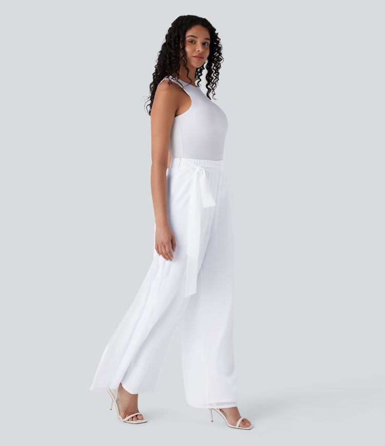 Breezeful™ High Waisted Tie Front Invisible Zipper Side Pocket Straight Leg Sheer Chiffon Flowy Quick Dry Work Trousers