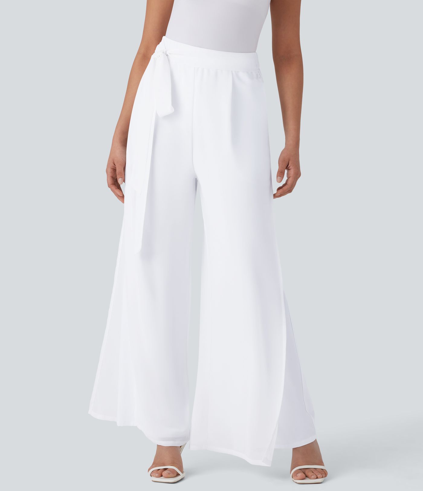 Breezeful™ High Waisted Tie Front Invisible Zipper Side Pocket Straight Leg Sheer Chiffon Flowy Quick Dry Work Trousers