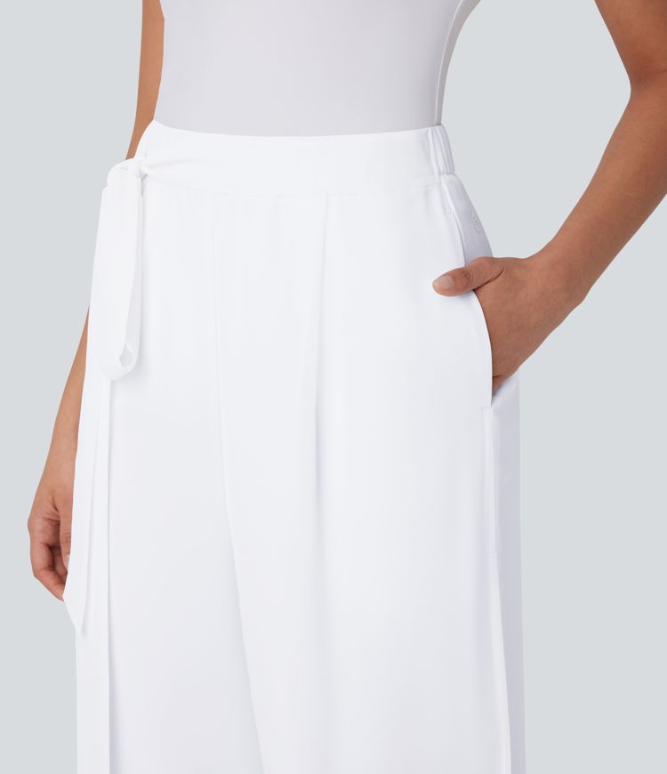 Breezeful™ High Waisted Tie Front Invisible Zipper Side Pocket Straight Leg Sheer Chiffon Flowy Quick Dry Work Trousers