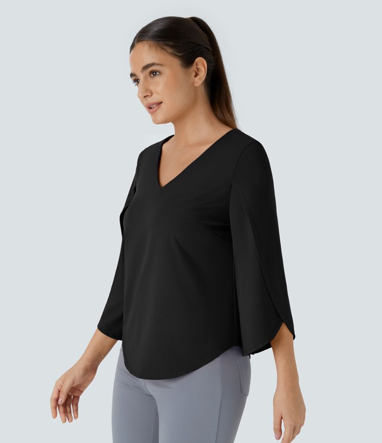 V-neck 7/8 sleeve curve bottom worklook top