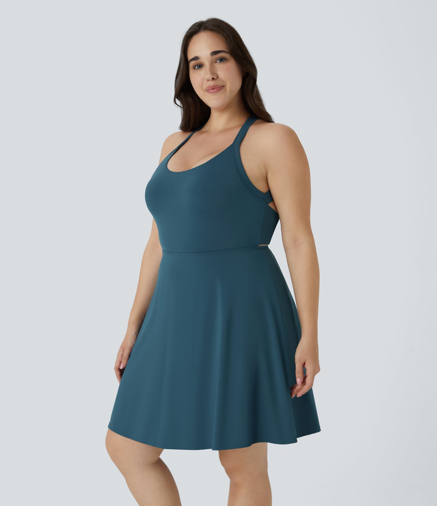 U Neck Cut Out 2-in-1 Pocket Mini Barre Ballet Dance Plus Size Dress-Longer Length