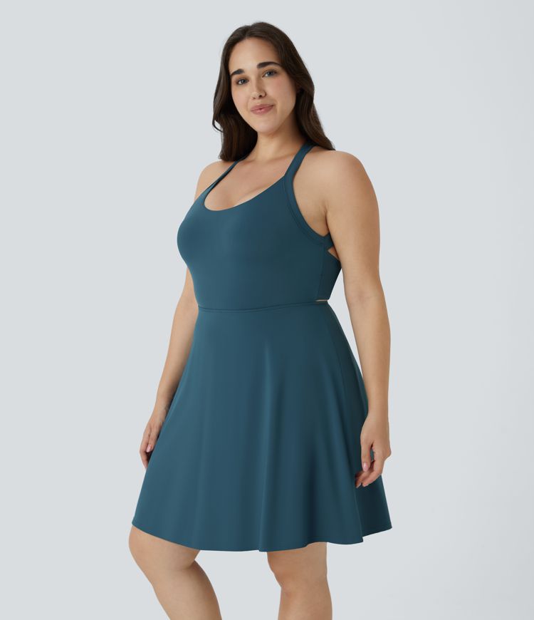 U Neck Backless Twisted Cut Out 2-in-1 Side Pocket Mini Barre Ballet Dance Plus Size Dress-Longer Length