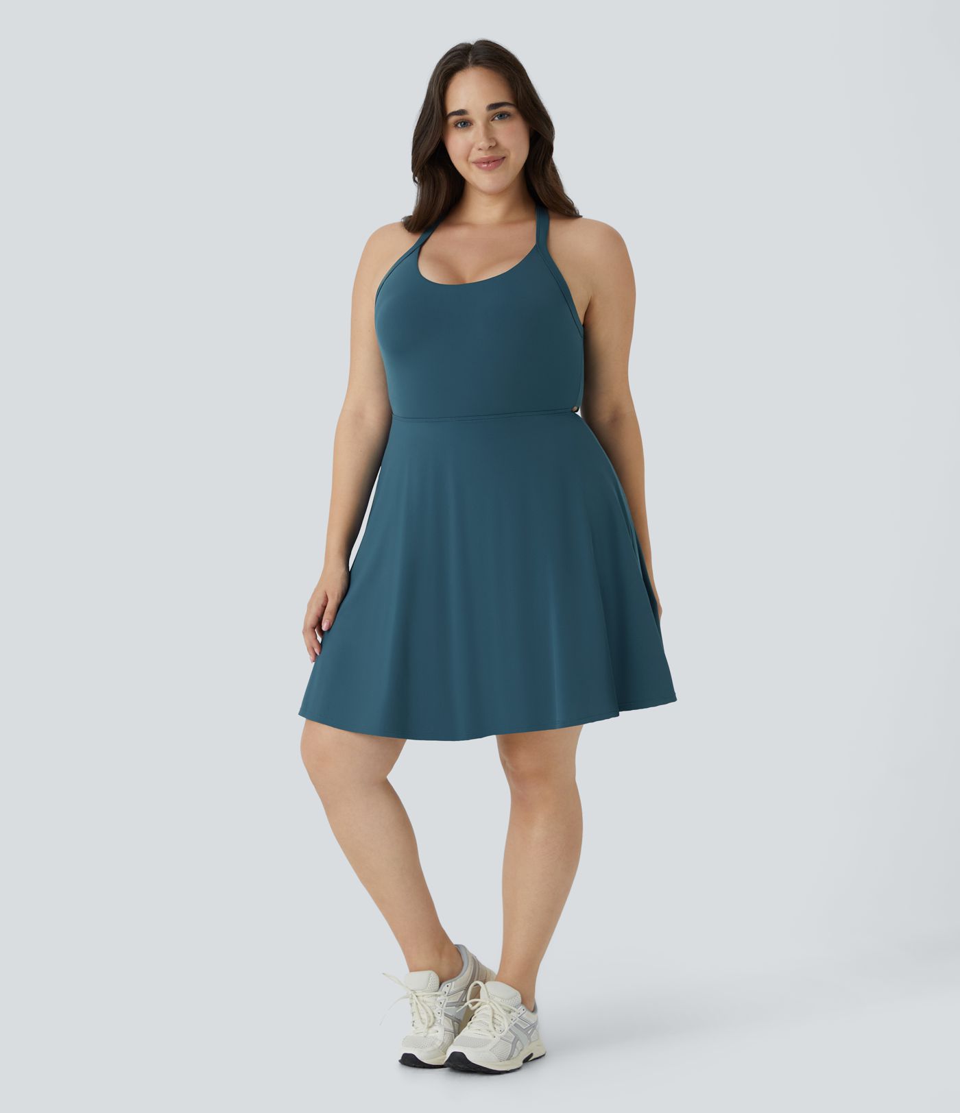 U Neck Cut Out 2-in-1 Pocket Mini Barre Ballet Dance Plus Size Dress-Longer Length