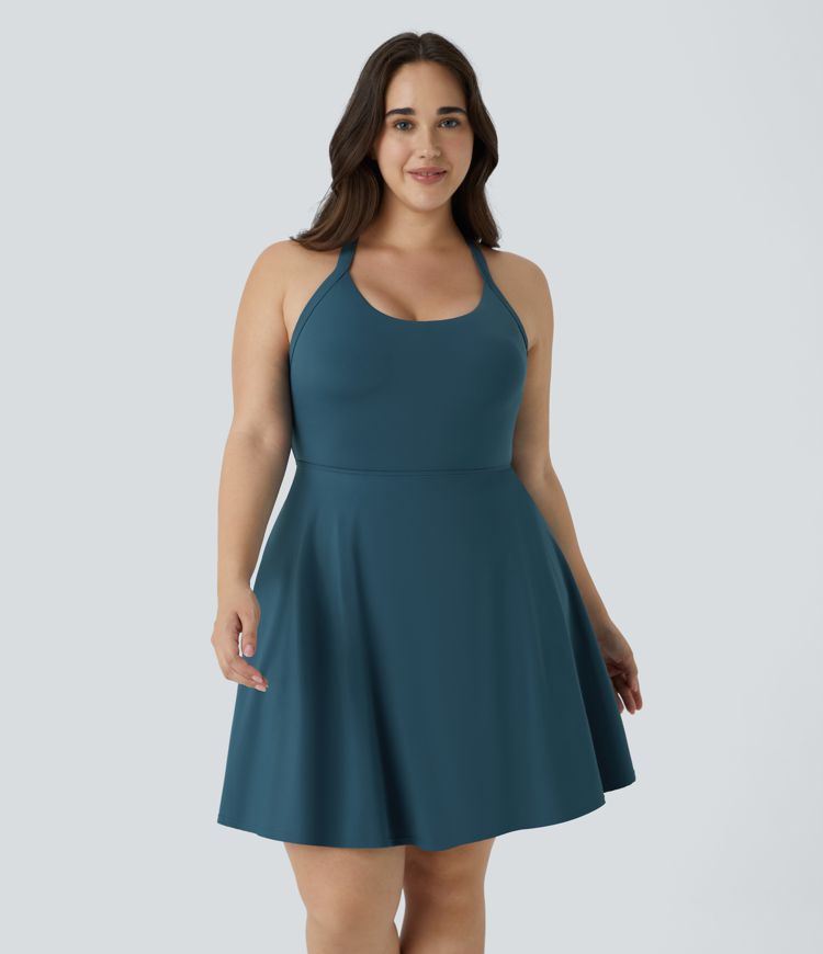 Minivestido baile ballet cuello en U 2 en 1 bolsillo lateral retorcido cut out sin espalda talla plus más larga