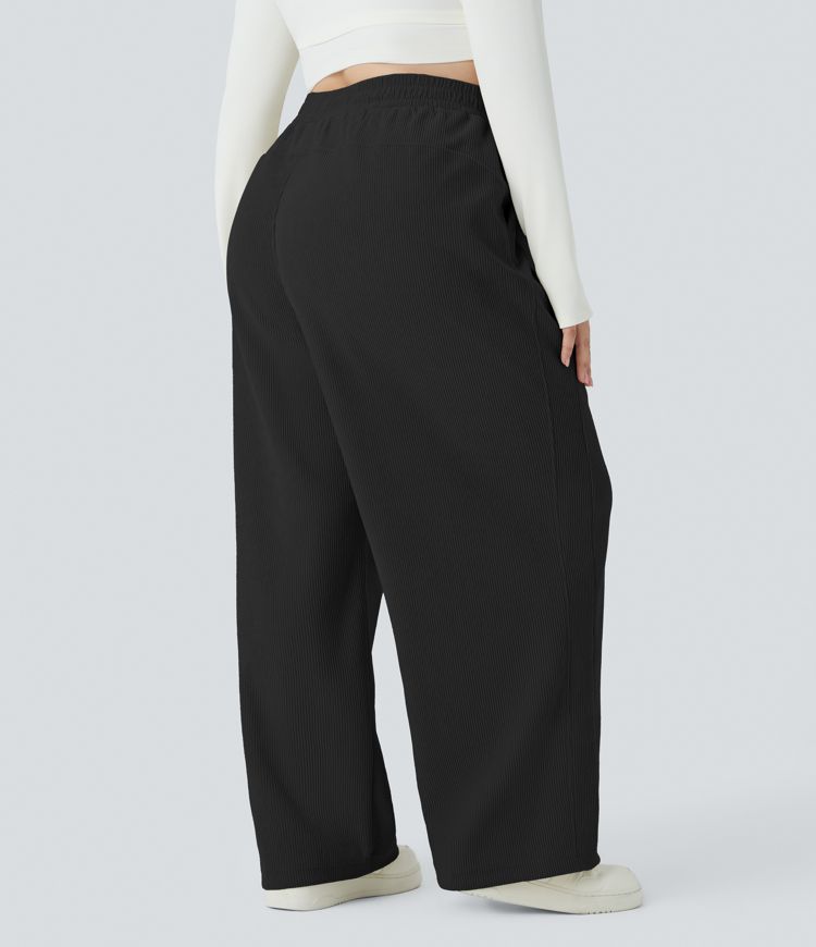 High Waisted Side Pocket Straight Leg Mop Corduroy Casual Plus Size Pants