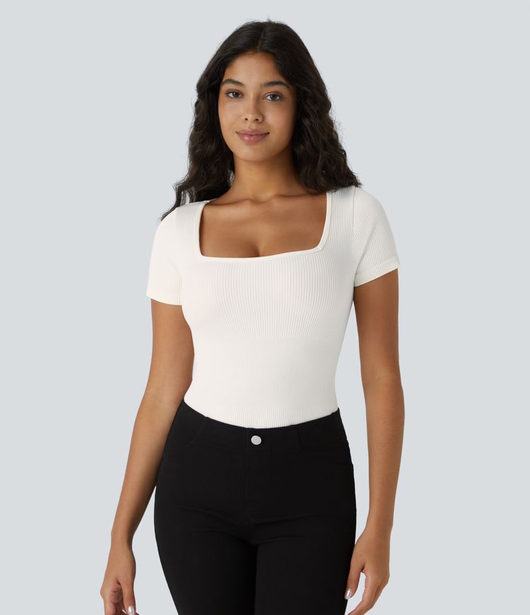 Seamless Flow Square Neck Short Sleeve Casual Smooth Bodysuit