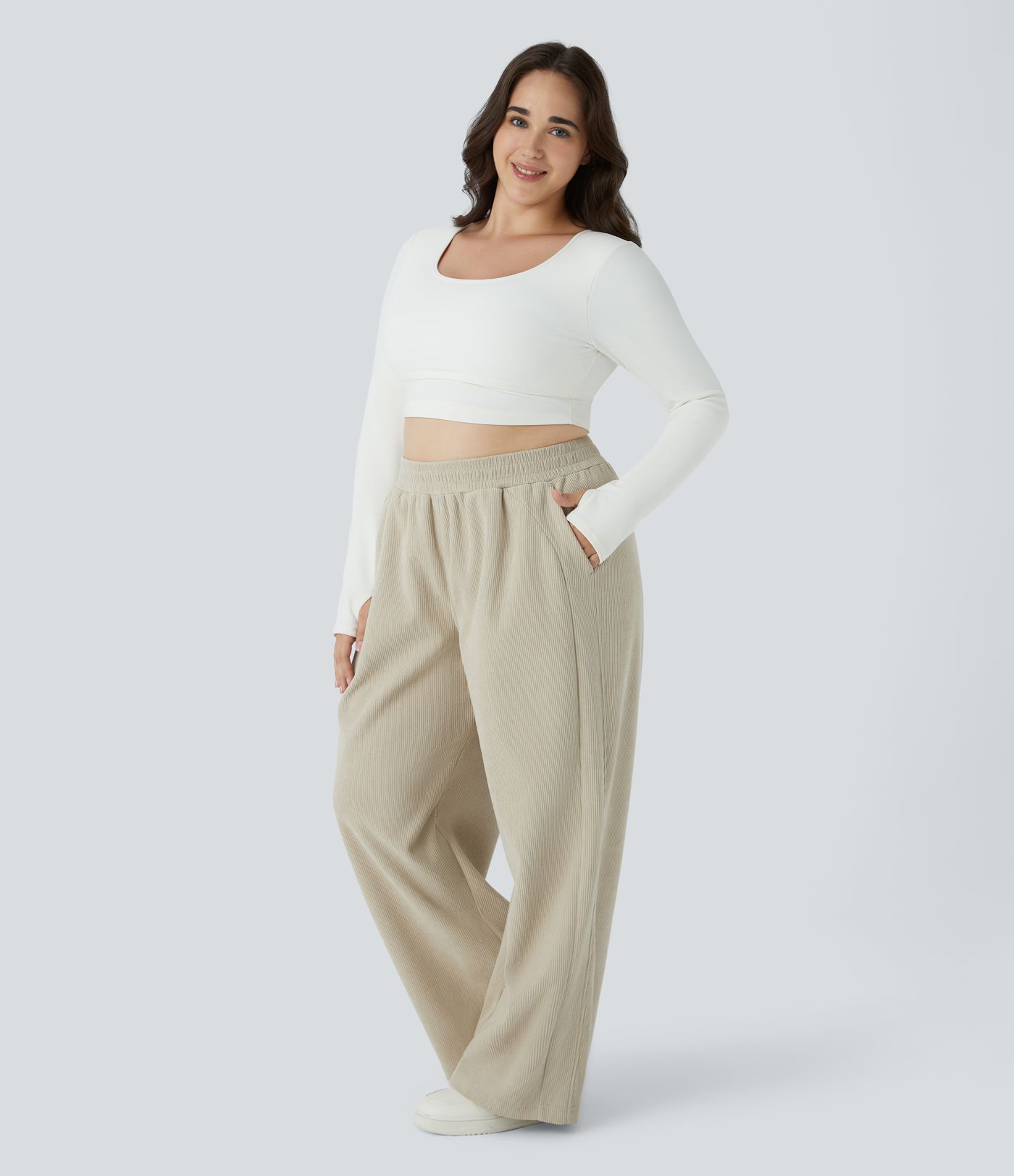 High Waisted Pocket Straight Leg Mop Corduroy Casual Plus Size Pants