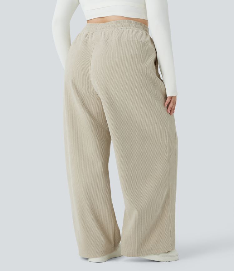 High Waisted Side Pocket Straight Leg Mop Corduroy Casual Plus Size Pants