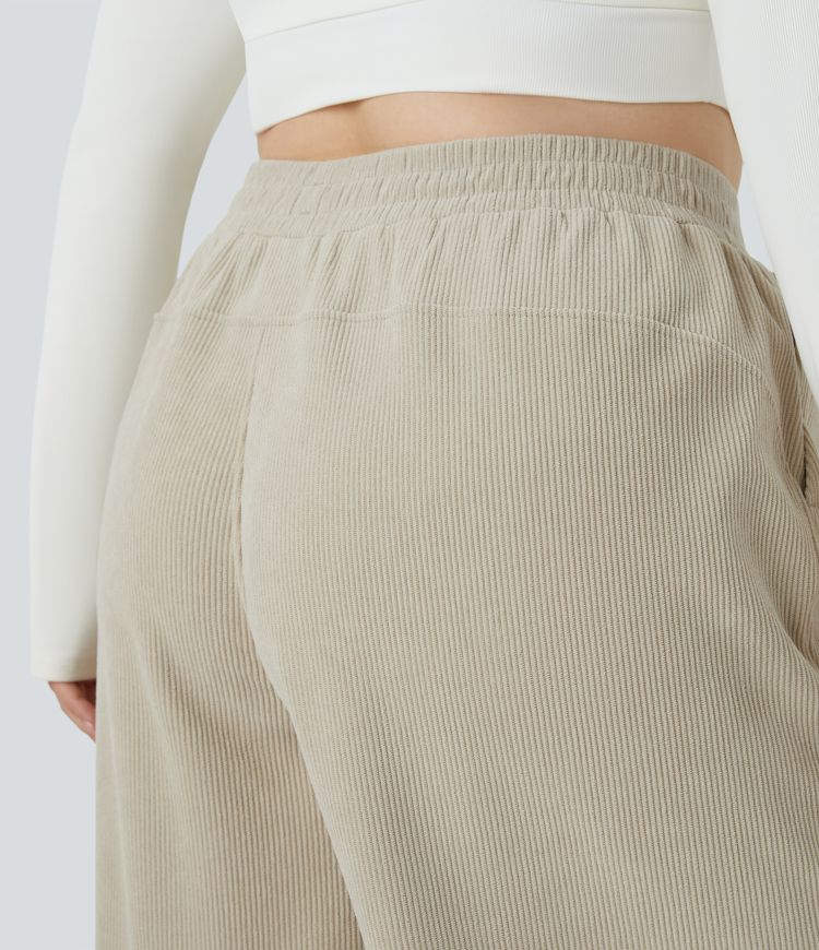 High Waisted Side Pocket Straight Leg Mop Corduroy Casual Plus Size Trousers