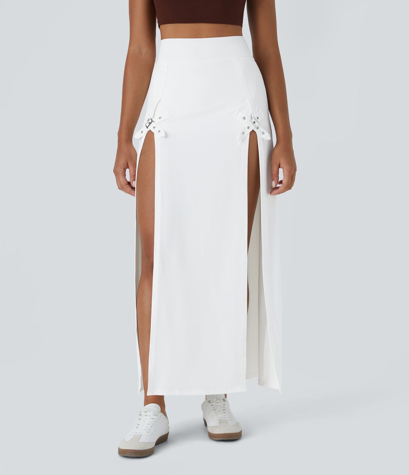 High Waisted Decorative Buckle 2-in-1 Maxi Casual Skirt