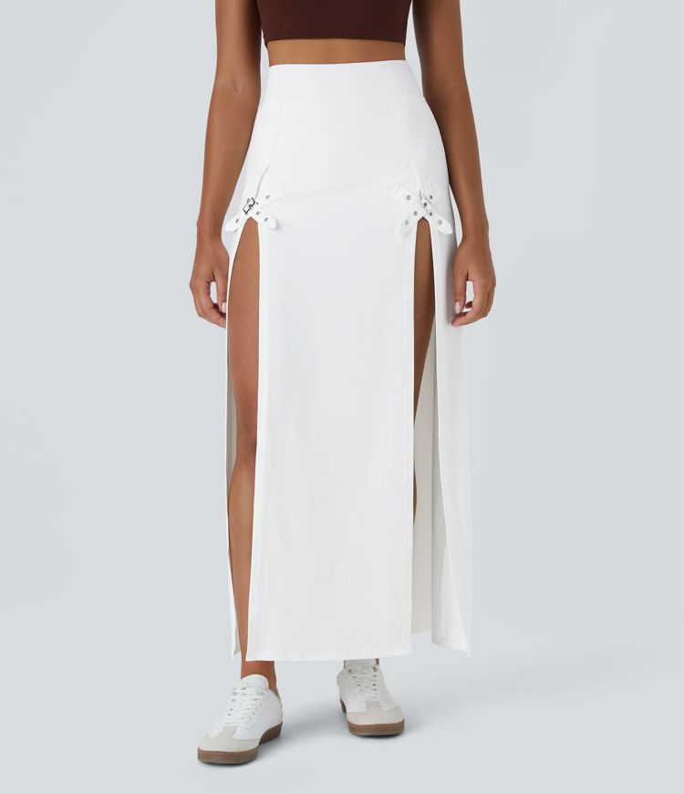 High Waisted Decorative Buckle 2-in-1 Maxi Casual Skirt