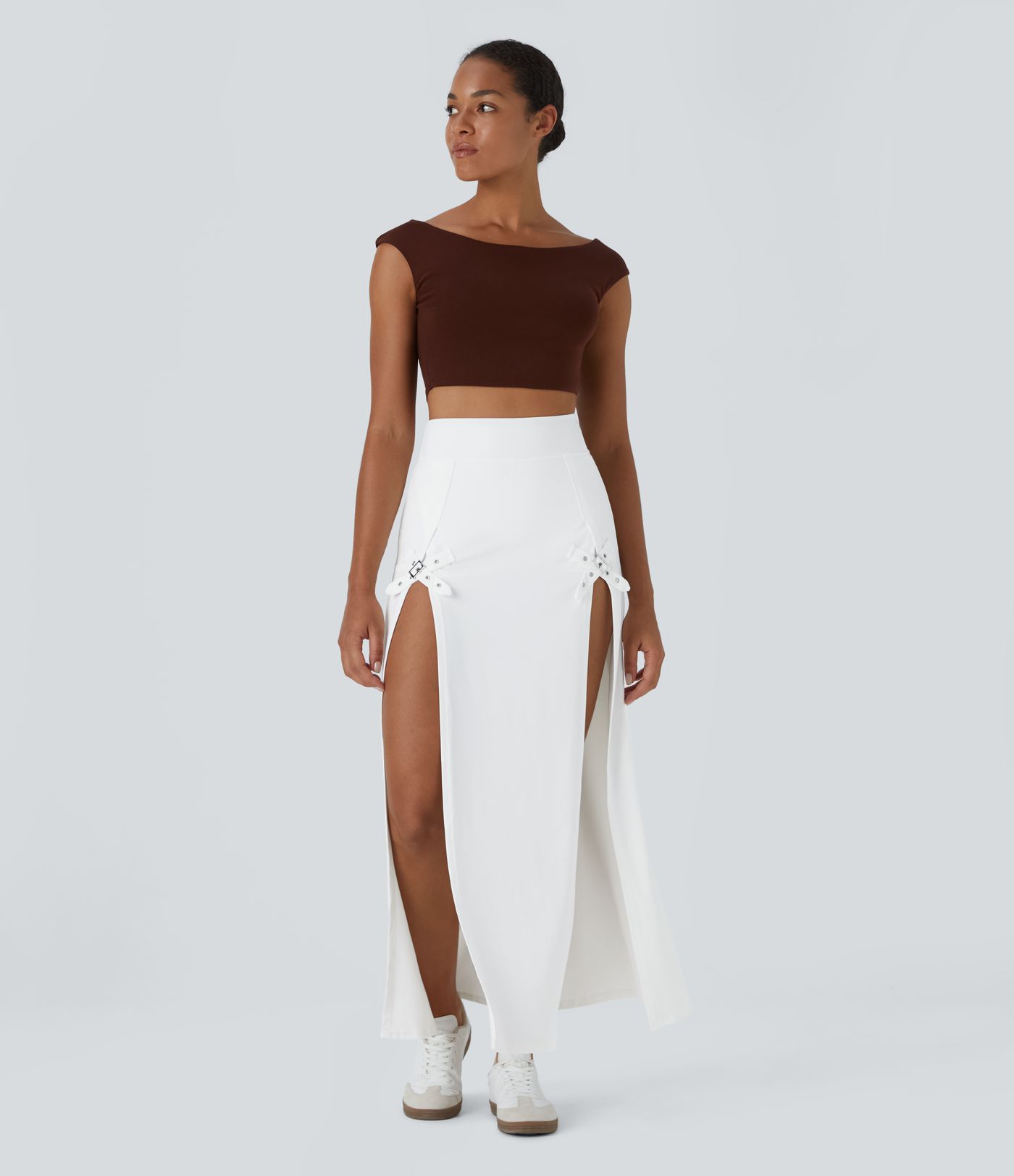 High Waisted Decorative Buckle 2-in-1 Maxi Casual Skirt