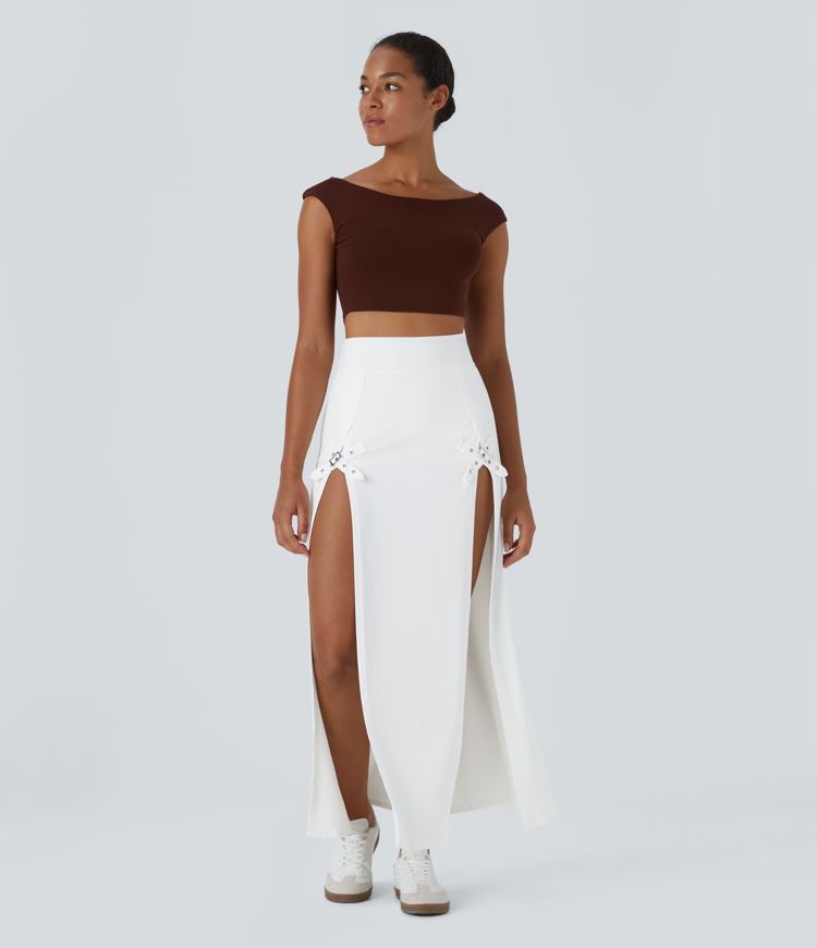 High Waisted Decorative Buckle 2-in-1 Maxi Casual Skirt