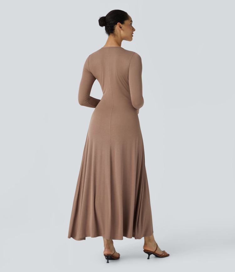 Ribbed Round Neck Long Sleeve Plicated Flare Flowy  Maxi Casual Dress