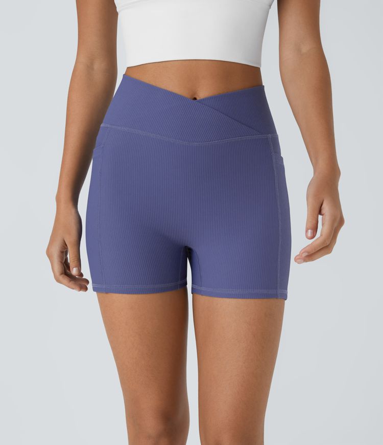 Short 8,8cm Yoga Biker en Tricot Côtelé à Taille Haute avec Croisement et Poches Latérales