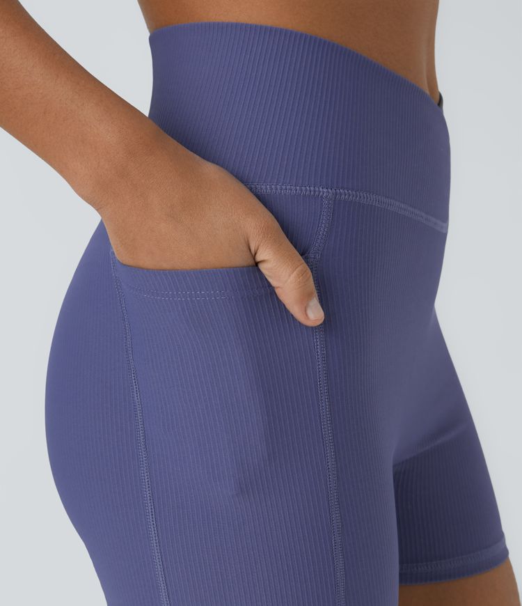 Short 8,8cm Yoga Biker en Tricot Côtelé à Taille Haute avec Croisement et Poches Latérales