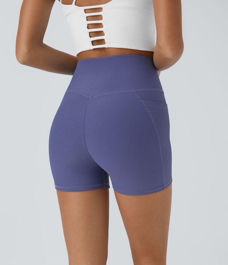 Short 8,8cm Yoga Biker en Tricot Côtelé à Taille Haute avec Croisement et Poches Latérales