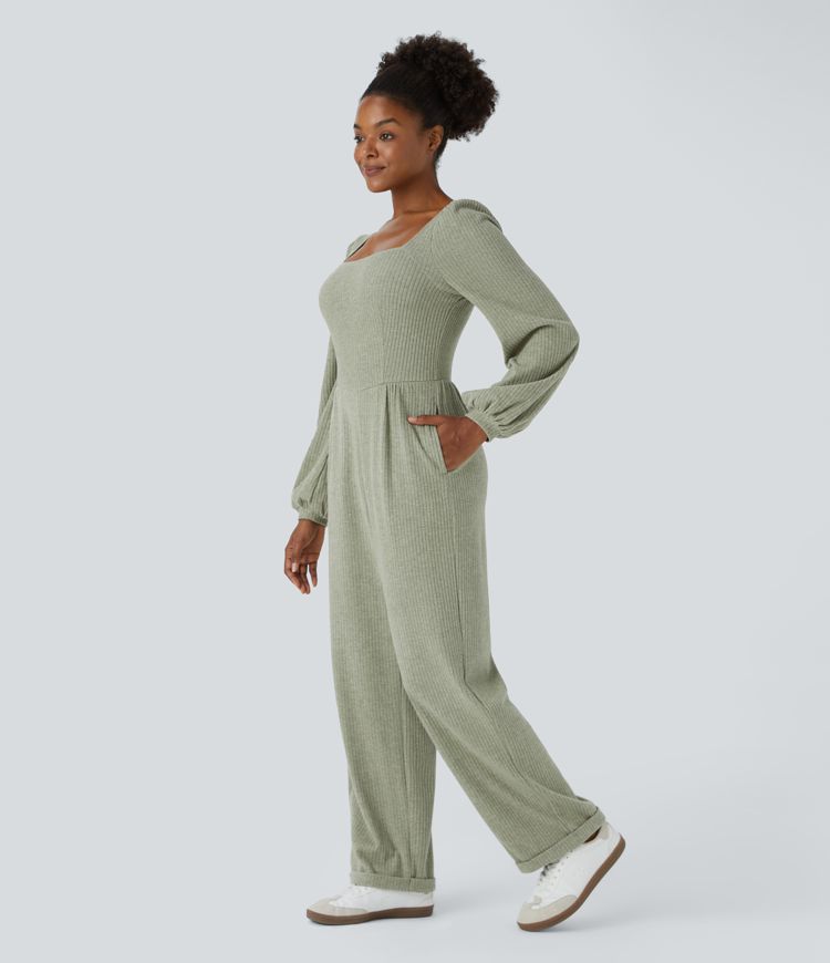 Ribbed Knit Square Neck Long Sleeve Side Pocket Casual Jumpsuit