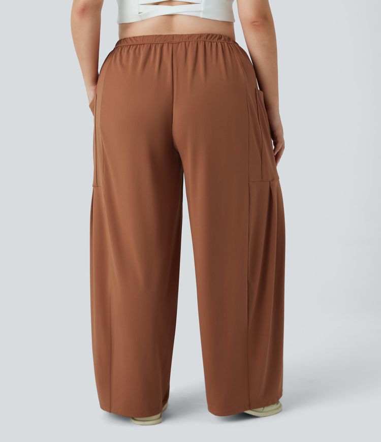 Mid Rise Elastic Waistband Drawstring Side Pocket Palazzo Flowy Wide Leg Casual Plus Size Pants
