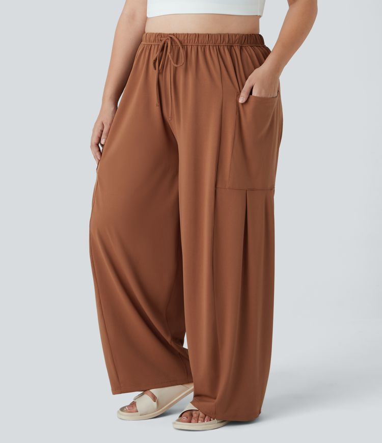 Mid Rise Elastic Waistband Drawstring Pocket Palazzo Flowy Wide Leg Casual Plus Size Pants