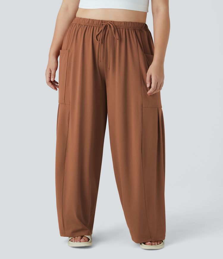 Mid Rise Elastic Waistband Drawstring Side Pocket Palazzo Flowy Wide Leg Casual Plus Size Pants