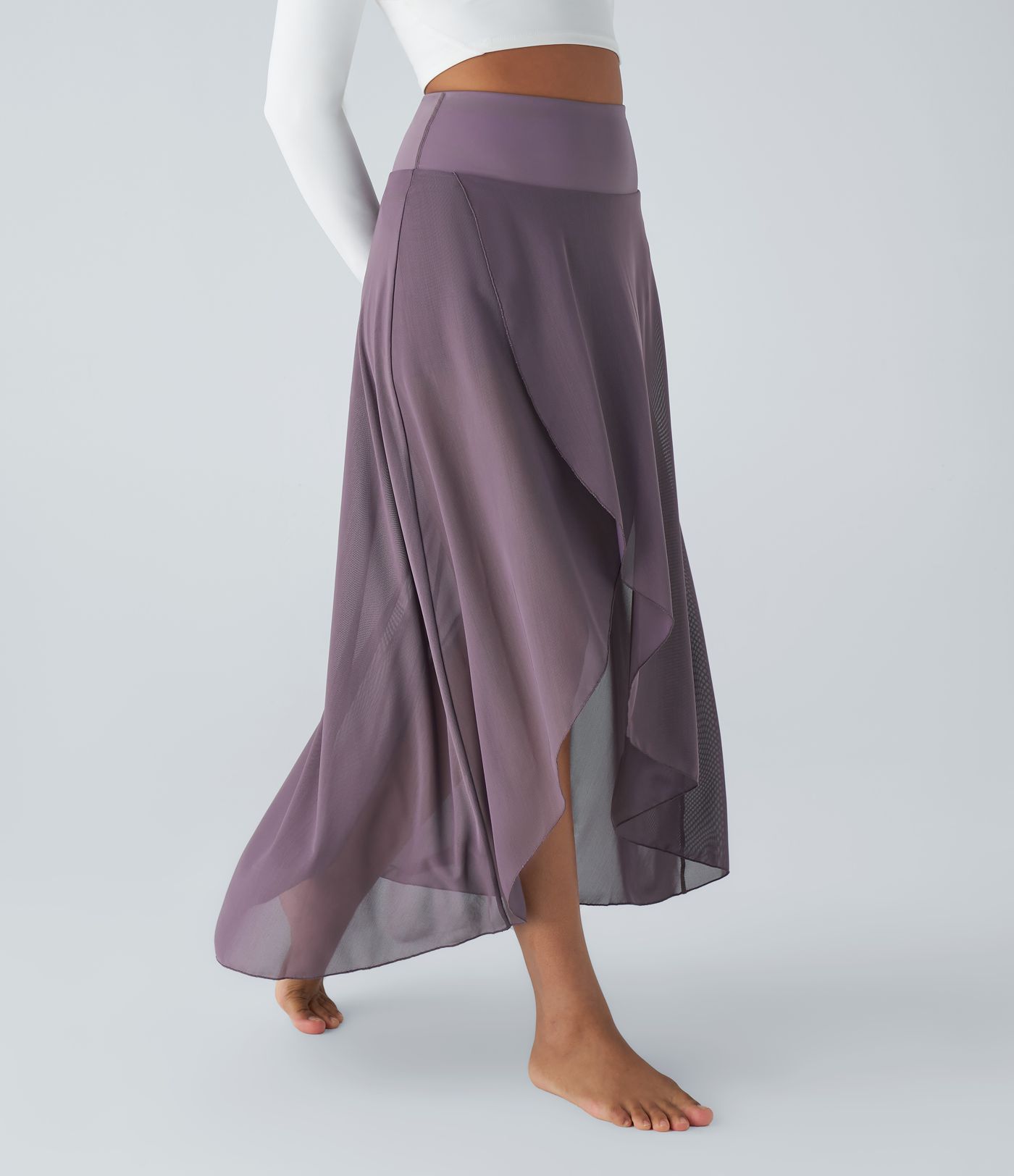 Maxirock aus Mesh mit hohem Bund, Rüschen, Seitentaschen, Rock mit integrierter Hose lang