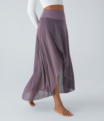 Maxirock aus Mesh mit hohem Bund, Rüschen, Seitentaschen, Rock mit integrierter Hose lang