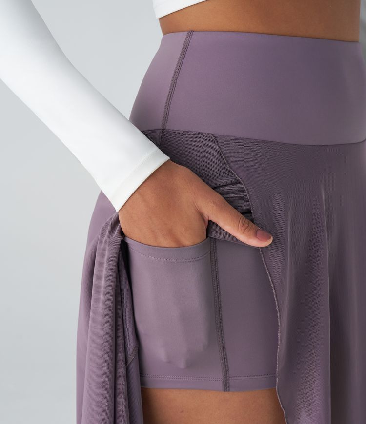 Maxirock aus Mesh mit hohem Bund, Rüschen, Seitentaschen, Rock mit integrierter Hose lang