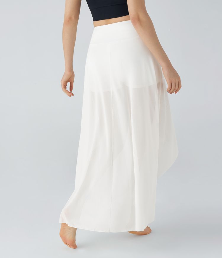 High Waisted High Low Ruffle 2-in-1 Pocket Flare Mesh Casual Regular Maxi Skirt