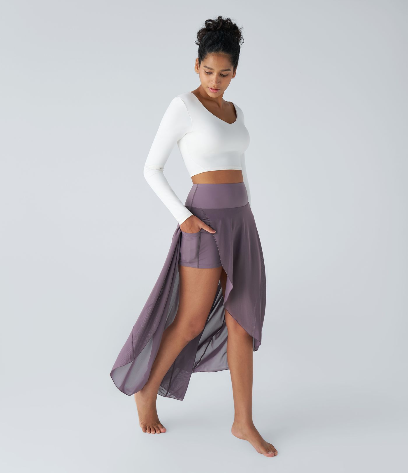 Maxirock aus Mesh mit hohem Bund, Rüschen, Seitentaschen, Rock mit integrierter Hose lang