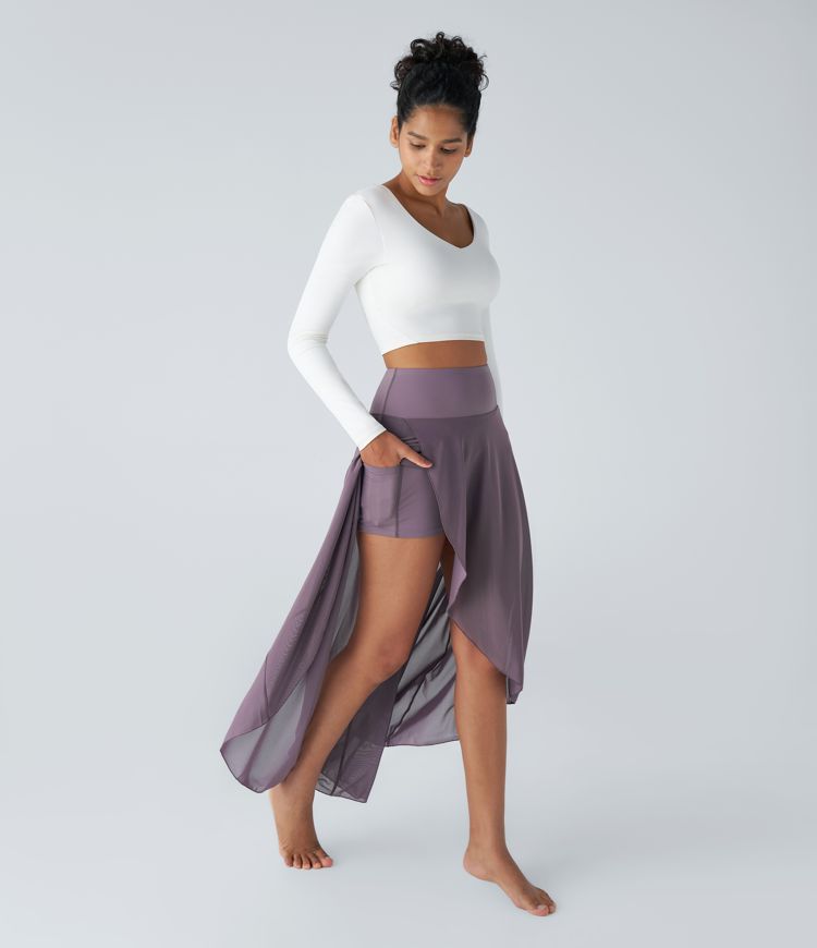 Maxirock aus Mesh mit hohem Bund, Rüschen, Seitentaschen, Rock mit integrierter Hose lang