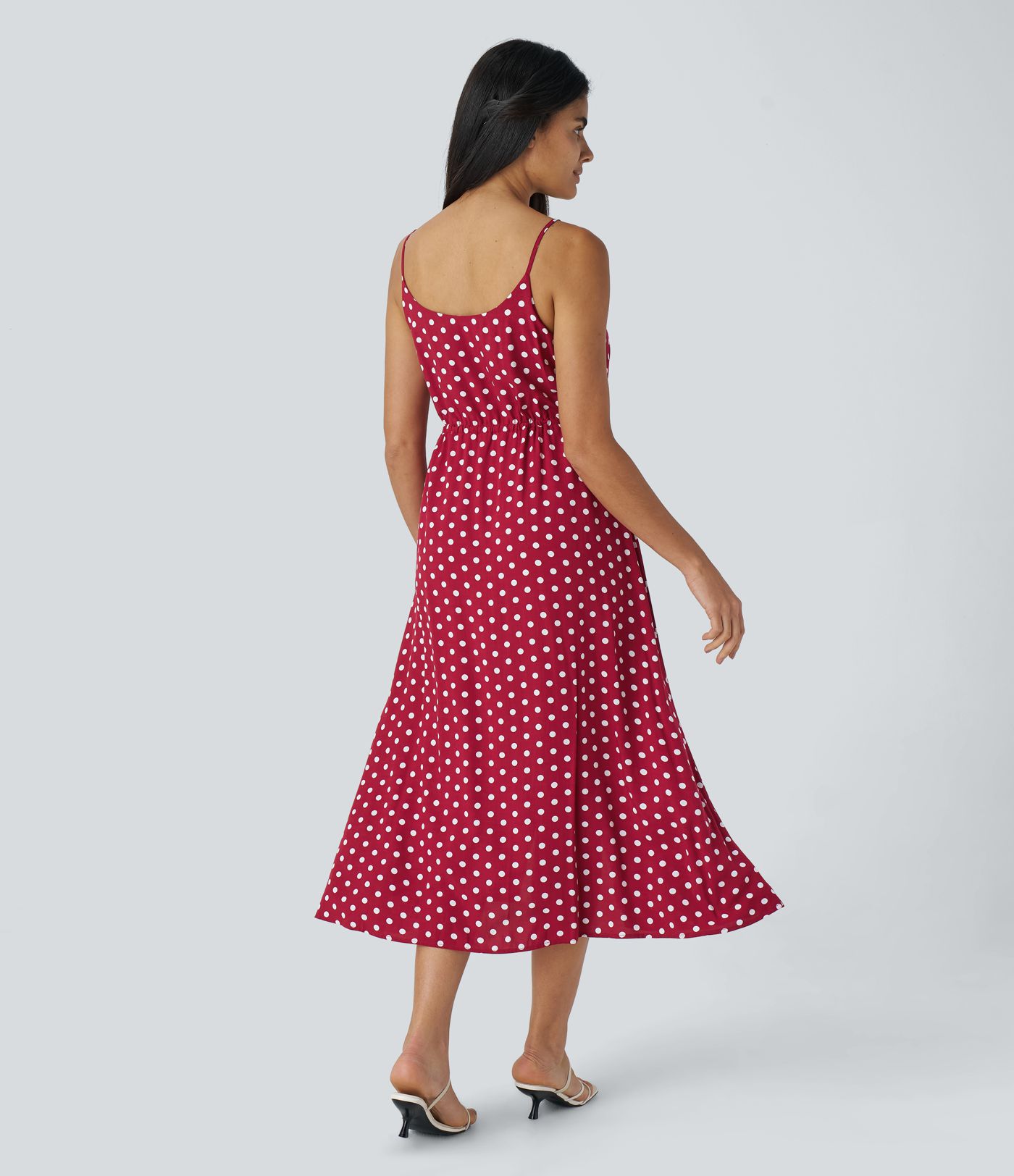 Decorative Drawstring Polka Dot Midi Slip Dress