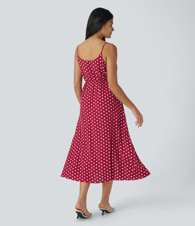 Decorative Drawstring Polka Dot Midi Slip Dress