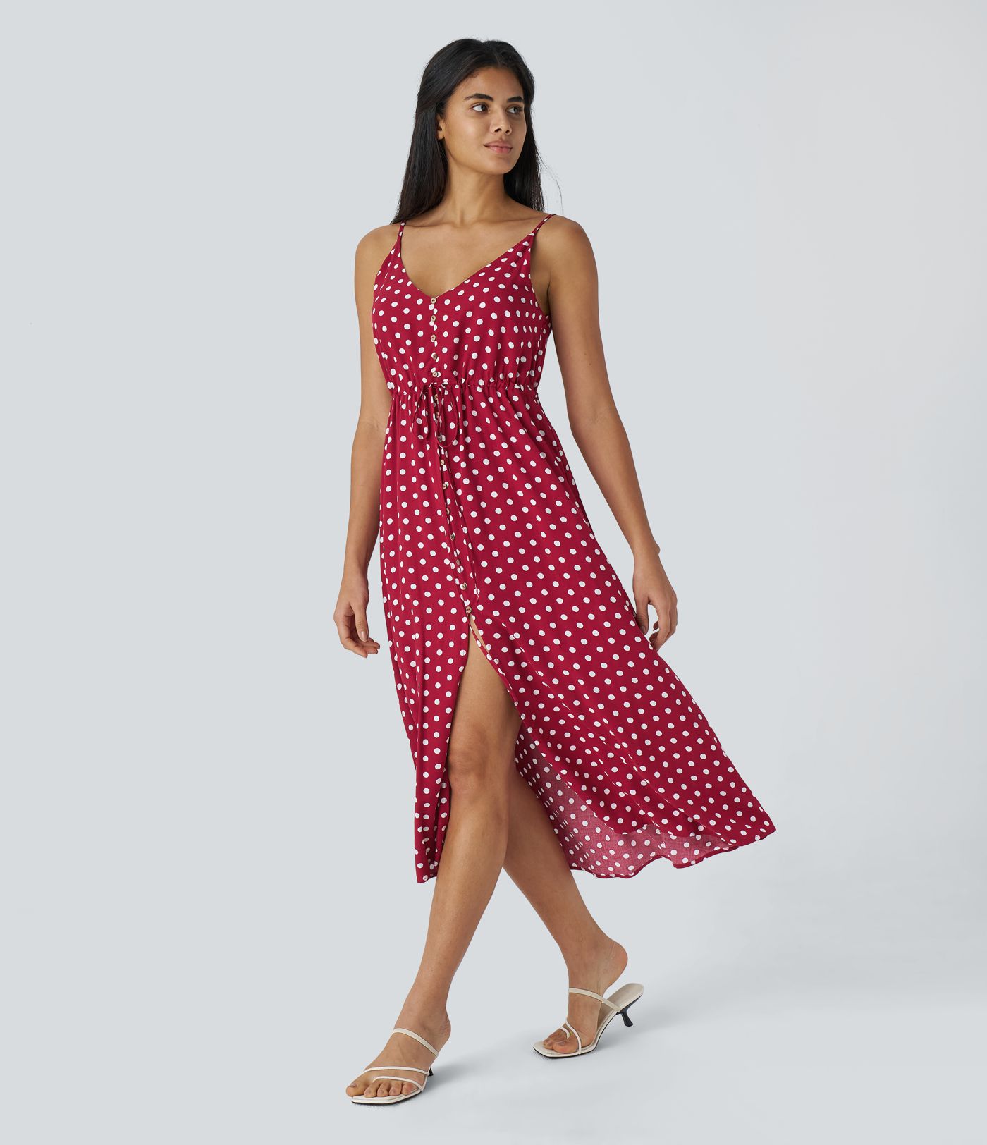 Decorative Drawstring Polka Dot Midi Slip Dress