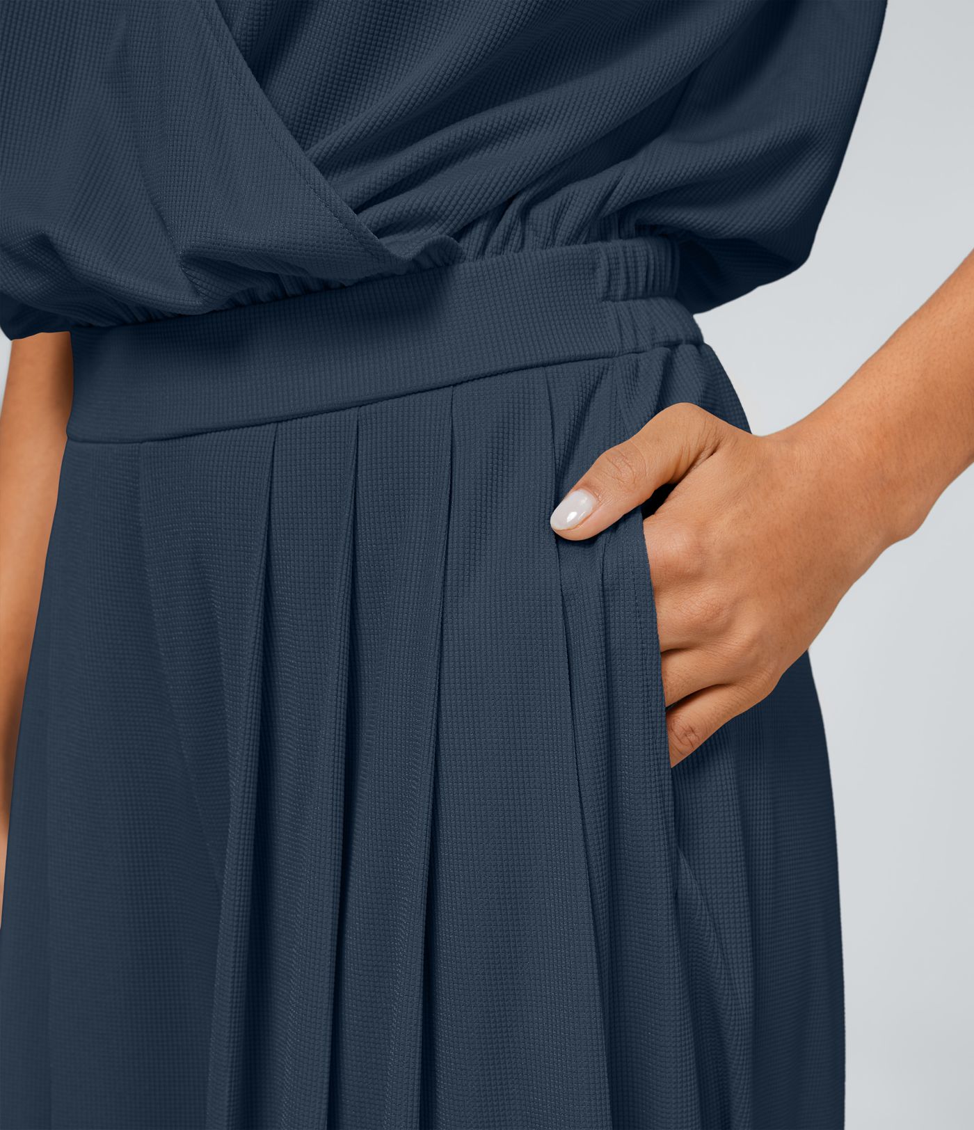 Combinaison Casual Col en V Jambes Large Plissée Manches Courtes Poche Latérale Gaufrée Fluide