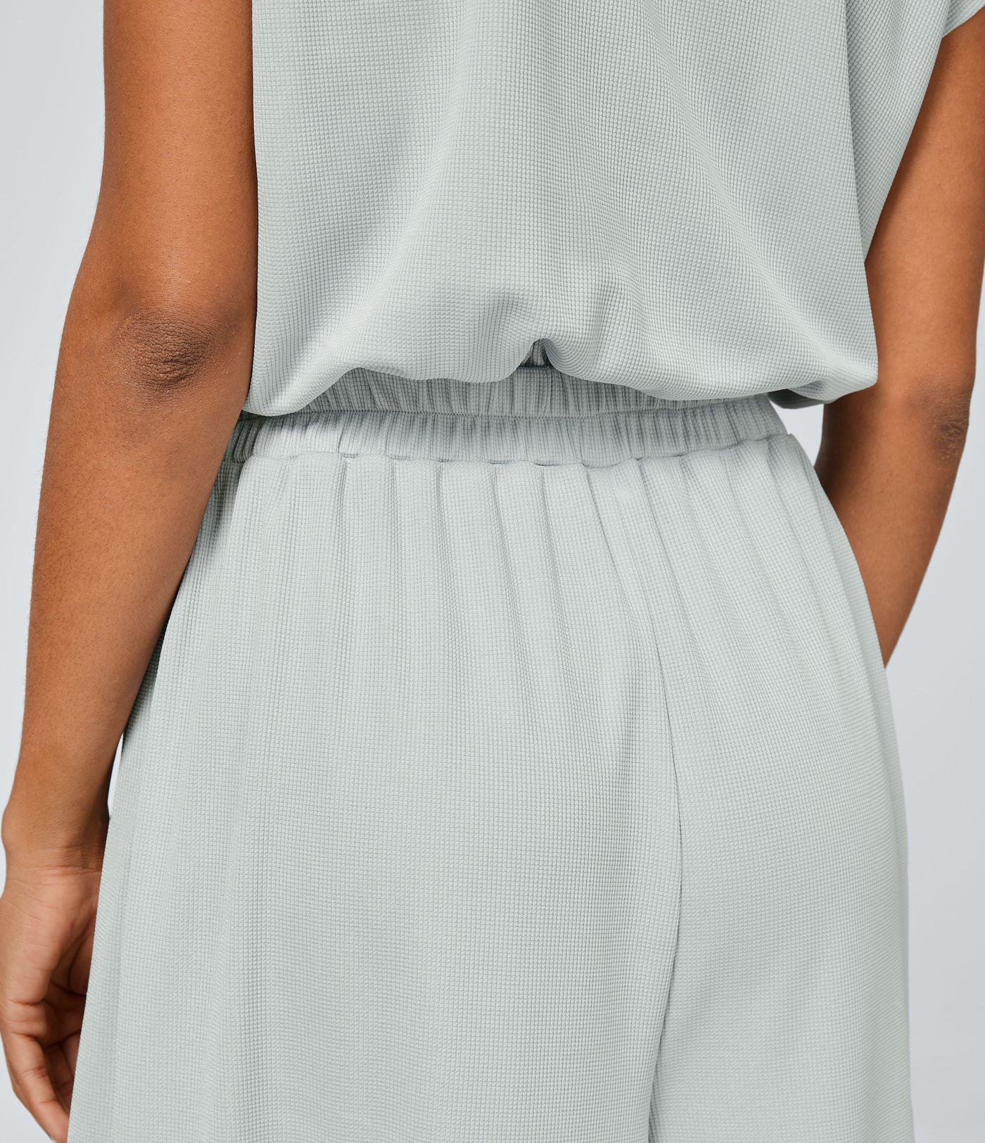 V-neck short sleeve side pocket wide leg loose waffle casual jumpsuit