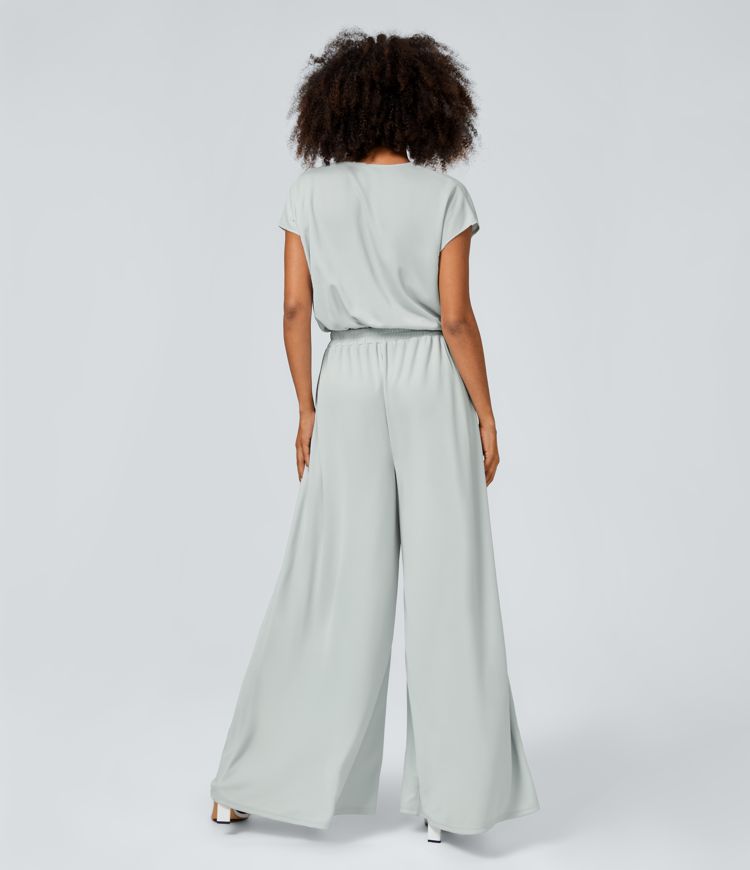 V Neck Short Sleeve Plicated Side Pocket Wide Leg Flowy Waffle Casual Jumpsuit