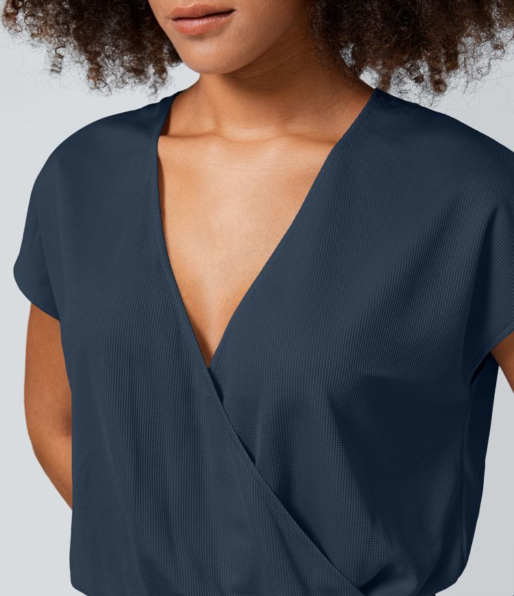 Combinaison Casual Col en V Jambes Large Plissée Manches Courtes Poche Latérale Gaufrée Fluide