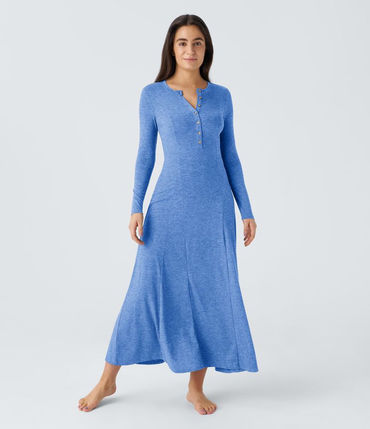 Round Neck Button Long Sleeve Flare Maxi Casual Dress