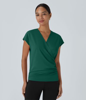 V Neck Cap Sleeve Crossover Ruched Solid Work Blouse