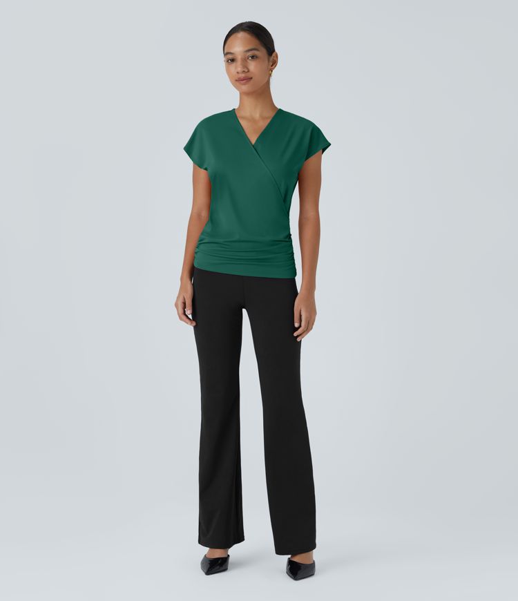 V Neck Cap Sleeve Crossover Ruched Solid Work Blouse