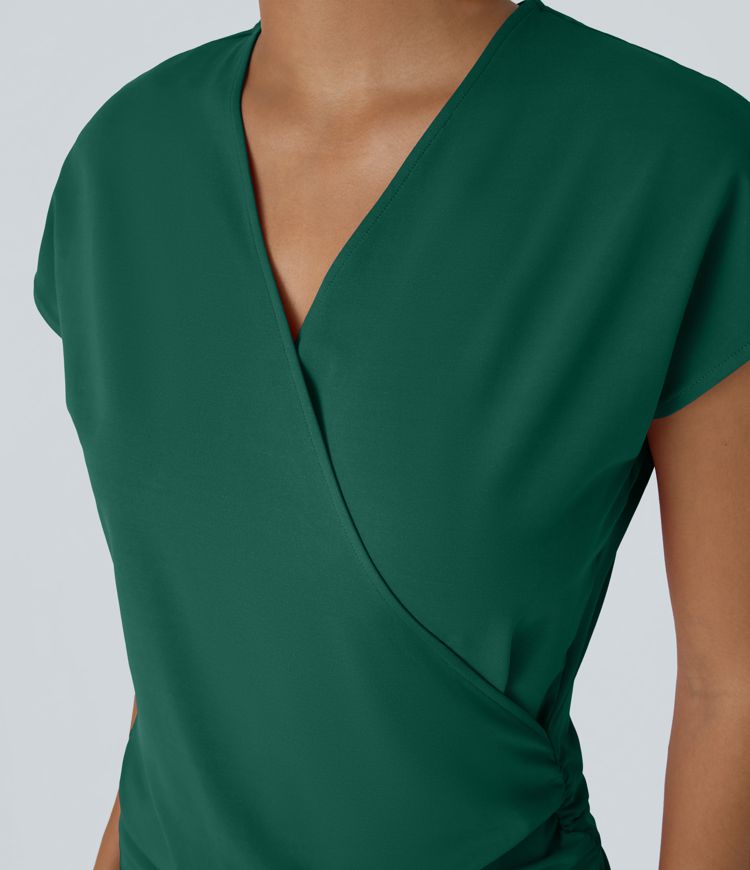 V Neck Cap Sleeve Crossover Ruched Solid Work Blouse