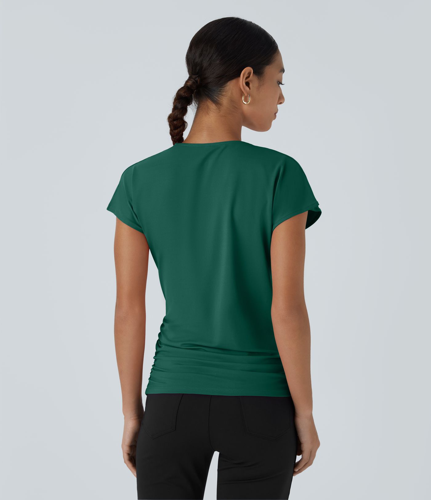 V Neck Cap Sleeve Crossover Ruched Solid Work Blouse