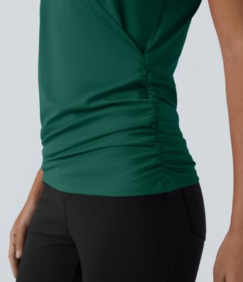 V Neck Cap Sleeve Crossover Ruched Solid Work Blouse