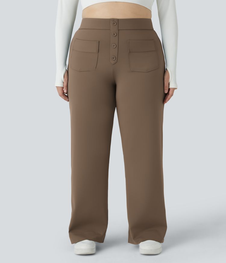 Pantalón tiro alto botón múltiple bolsillo pierna recta talla grande