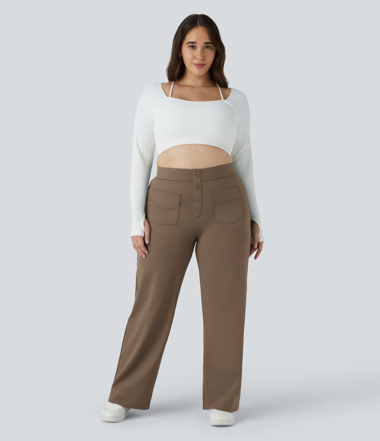 Pantalón tiro alto botón múltiple bolsillo pierna recta talla grande
