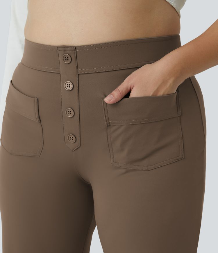 Pantalón tiro alto botón múltiple bolsillo pierna recta talla grande
