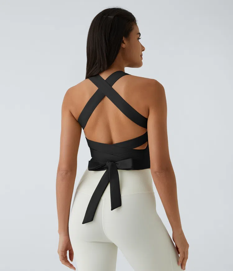 Camiseta sin mangas Softlyzero™ Airy corta entrenamiento sin espalda acolchada entrecruzada lazo espalda tacto fresco