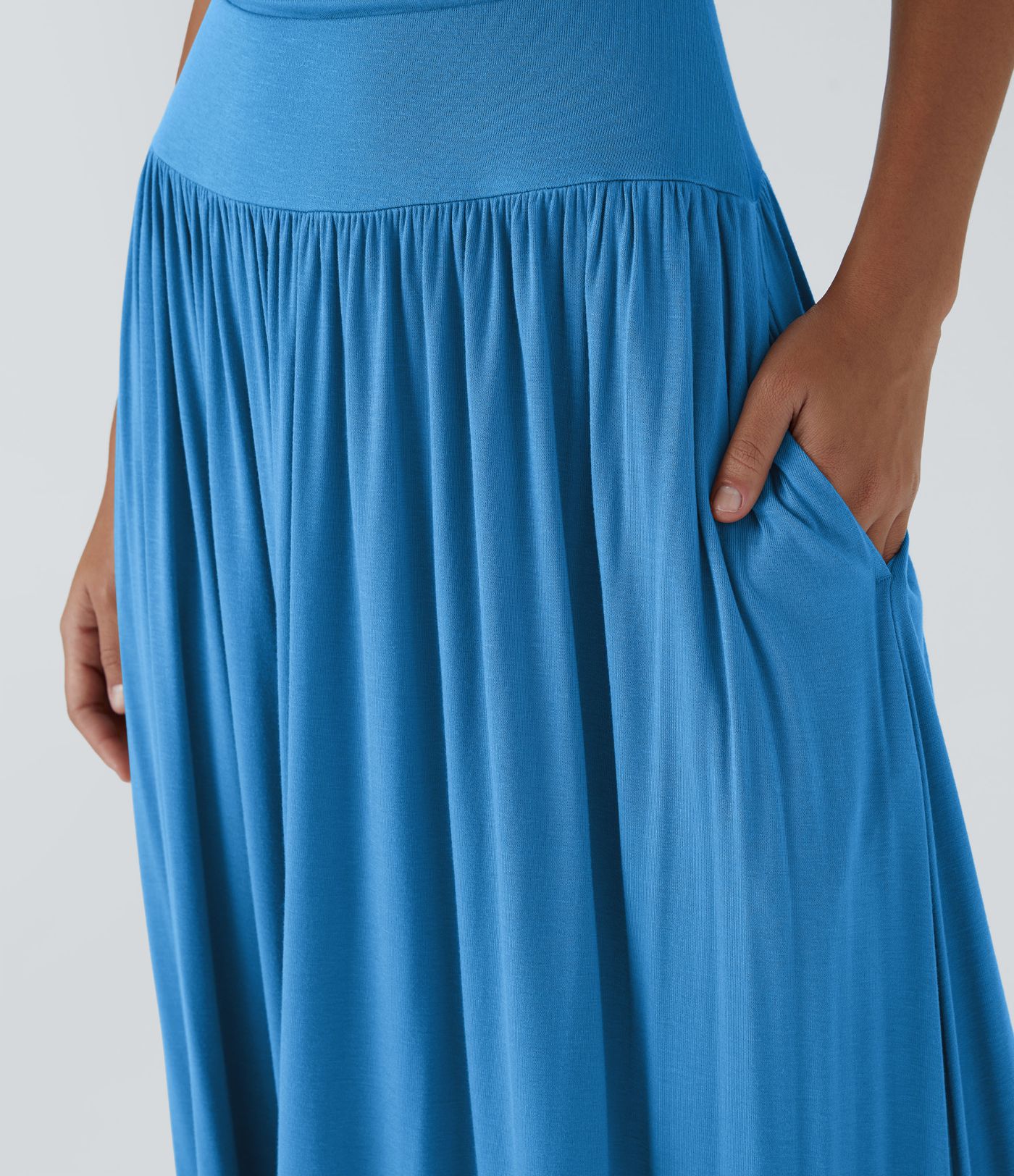 Ribbed Boat Neck Asymmetric Strap Ruched Pocket Flowy Maxi Casual Dress